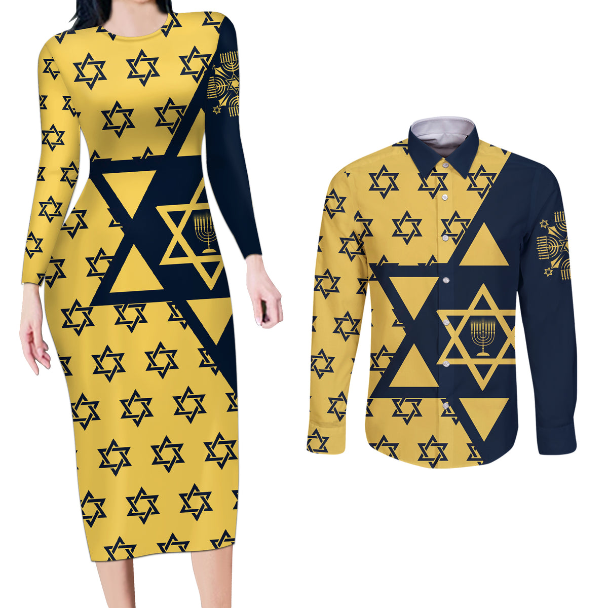 Happy Hanukkah Couples Matching Long Sleeve Bodycon Dress and Long Sleeve Button Shirt Jewish Star of David - Wonder Print Shop