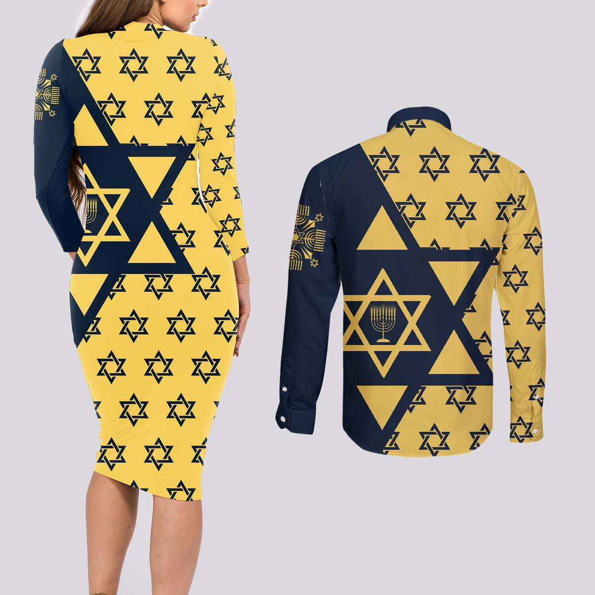 Happy Hanukkah Couples Matching Long Sleeve Bodycon Dress and Long Sleeve Button Shirt Jewish Star of David - Wonder Print Shop