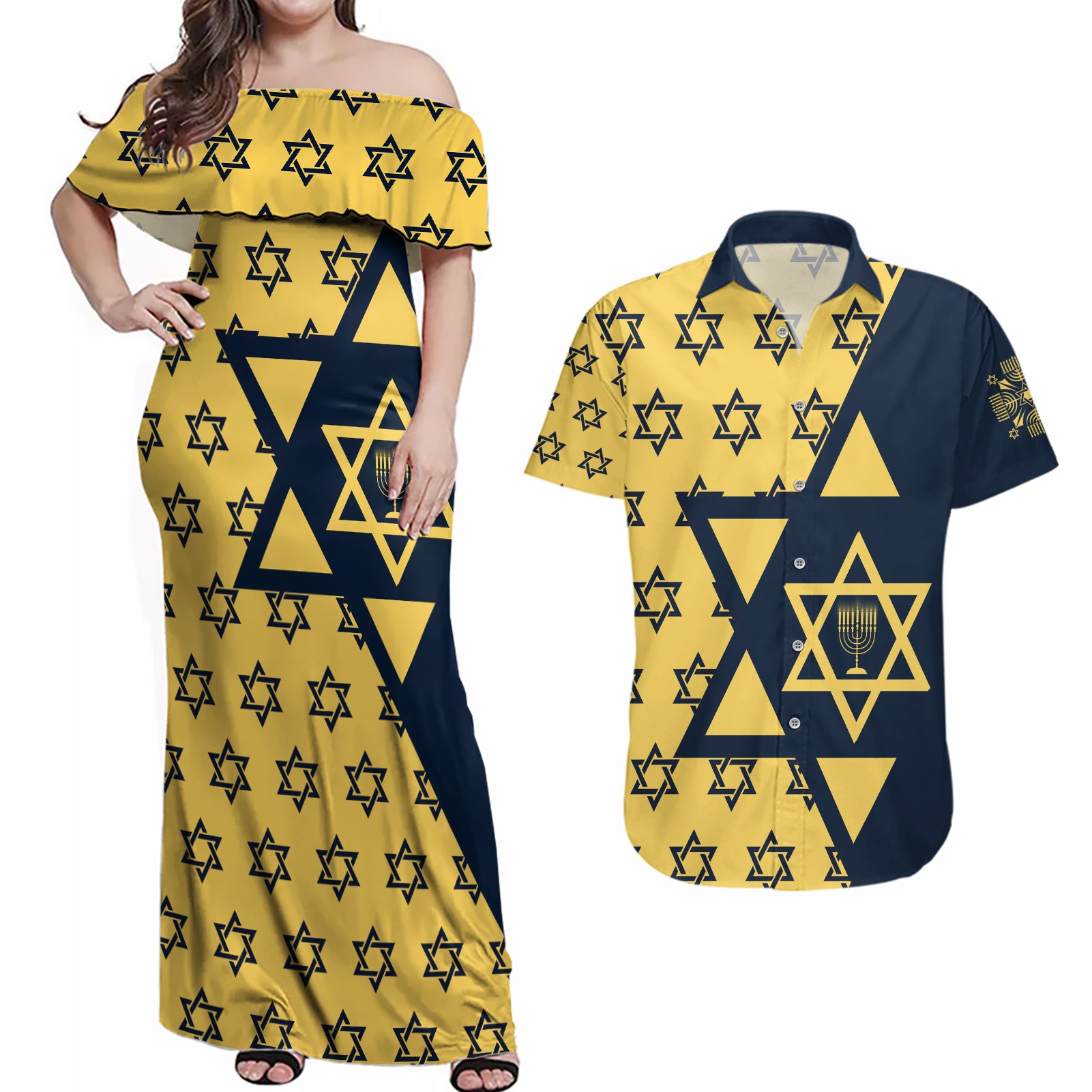 Happy Hanukkah Couples Matching Off Shoulder Maxi Dress and Hawaiian Shirt Jewish Star of David - Wonder Print Shop