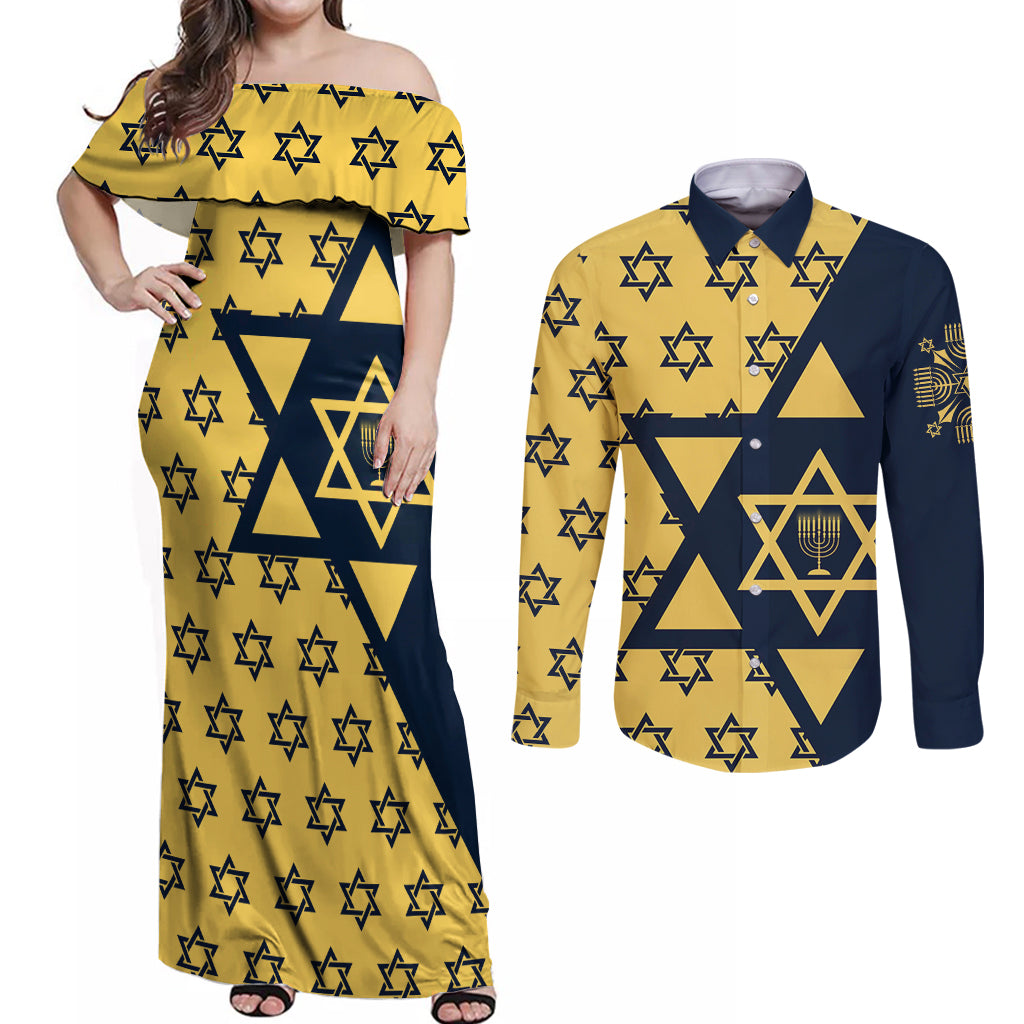 Happy Hanukkah Couples Matching Off Shoulder Maxi Dress and Long Sleeve Button Shirt Jewish Star of David - Wonder Print Shop