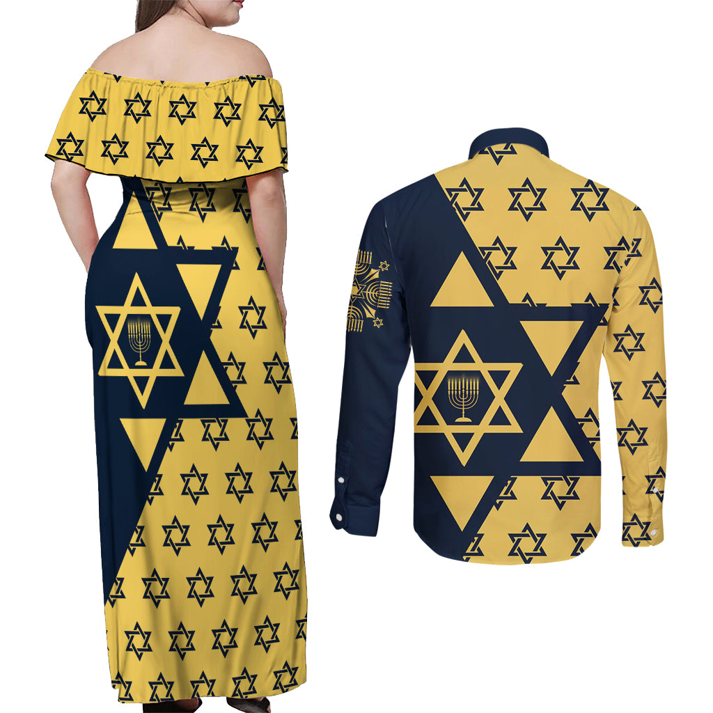 Happy Hanukkah Couples Matching Off Shoulder Maxi Dress and Long Sleeve Button Shirt Jewish Star of David - Wonder Print Shop