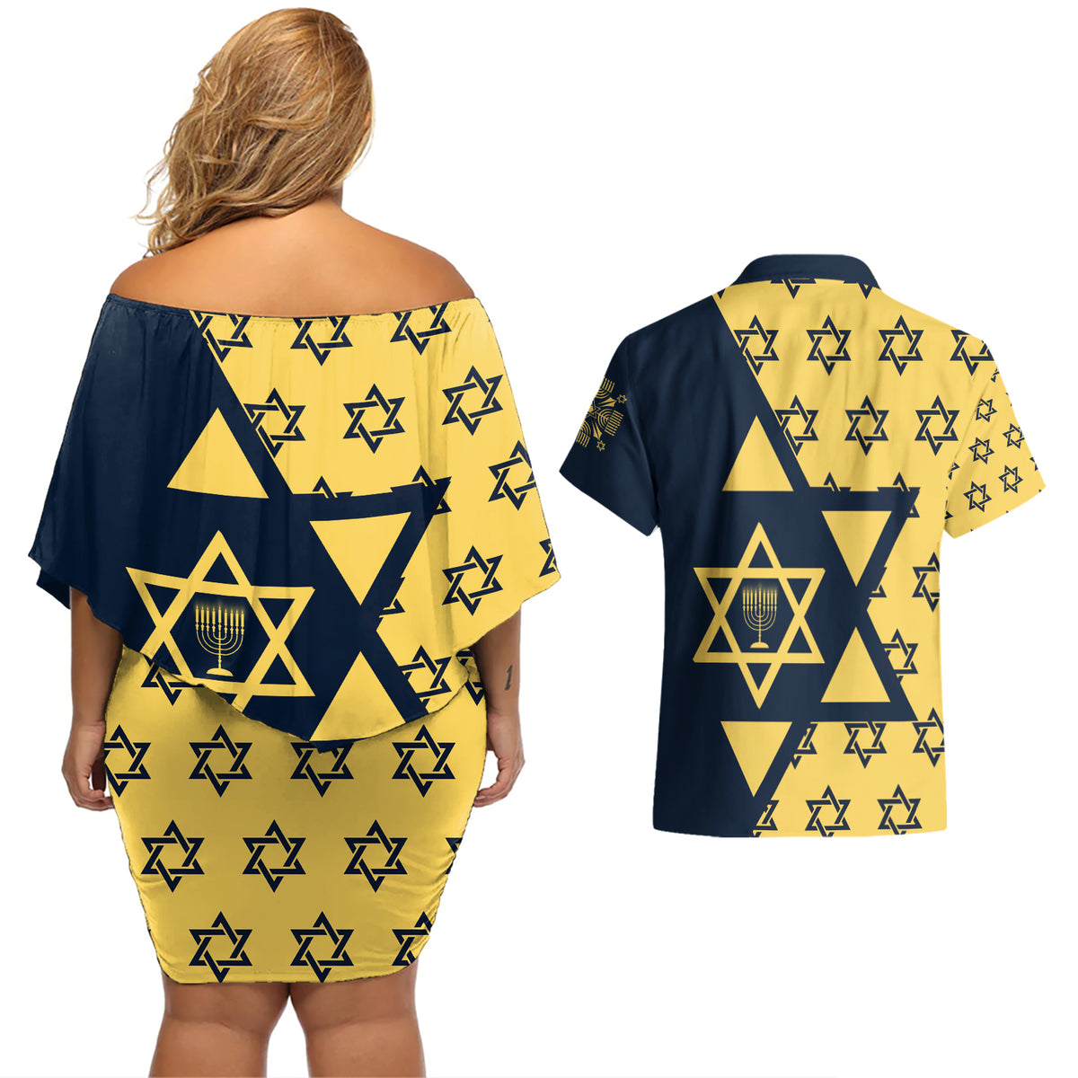 Happy Hanukkah Couples Matching Off Shoulder Short Dress and Hawaiian Shirt Jewish Star of David - Wonder Print Shop