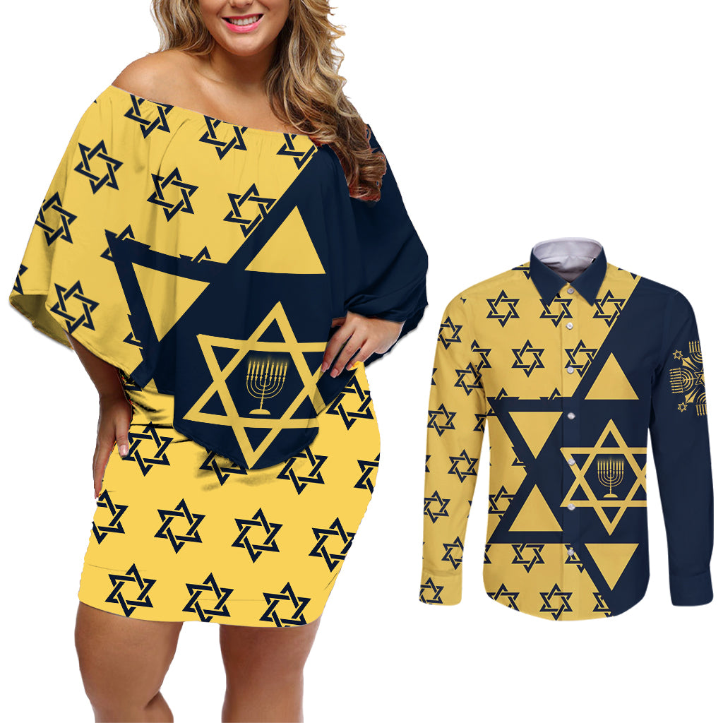 Happy Hanukkah Couples Matching Off Shoulder Short Dress and Long Sleeve Button Shirt Jewish Star of David - Wonder Print Shop
