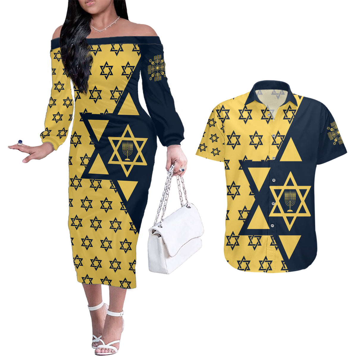 Happy Hanukkah Couples Matching Off The Shoulder Long Sleeve Dress and Hawaiian Shirt Jewish Star of David - Wonder Print Shop