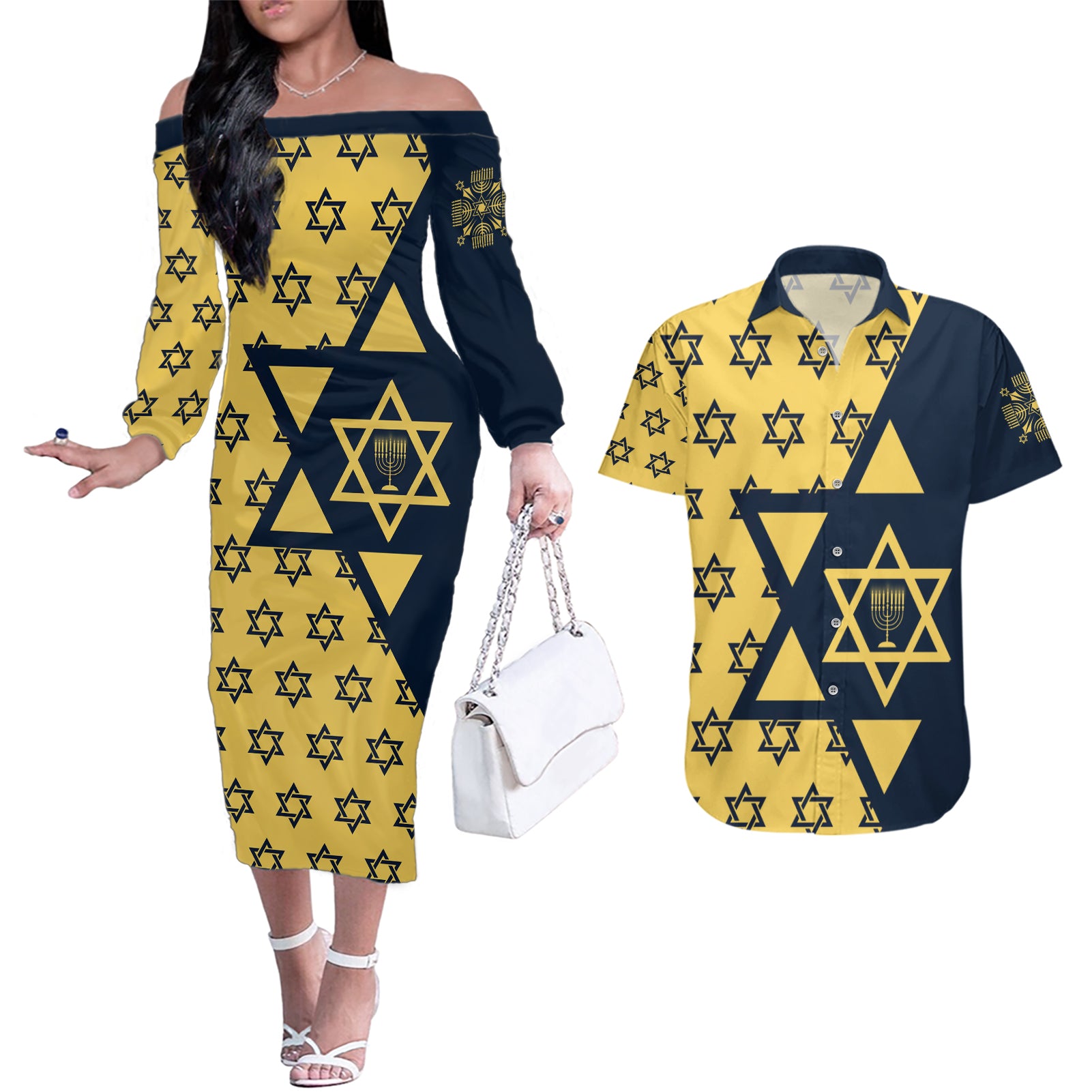 Happy Hanukkah Couples Matching Off The Shoulder Long Sleeve Dress and Hawaiian Shirt Jewish Star of David - Wonder Print Shop