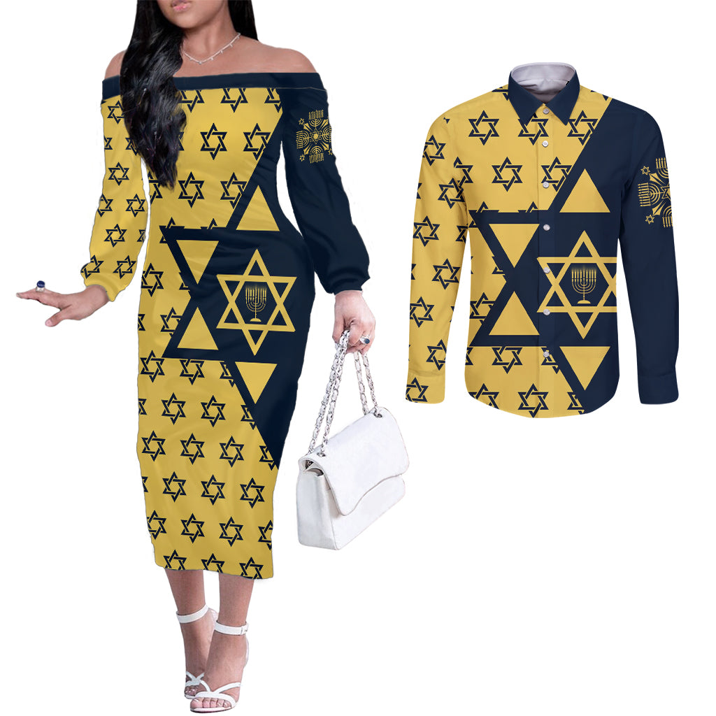 happy-hanukkah-couples-matching-off-the-shoulder-long-sleeve-dress-and-long-sleeve-button-shirt-jewish-star-of-david