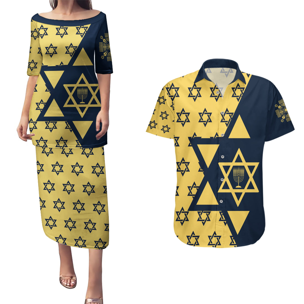 Happy Hanukkah Couples Matching Puletasi Dress and Hawaiian Shirt Jewish Star of David - Wonder Print Shop