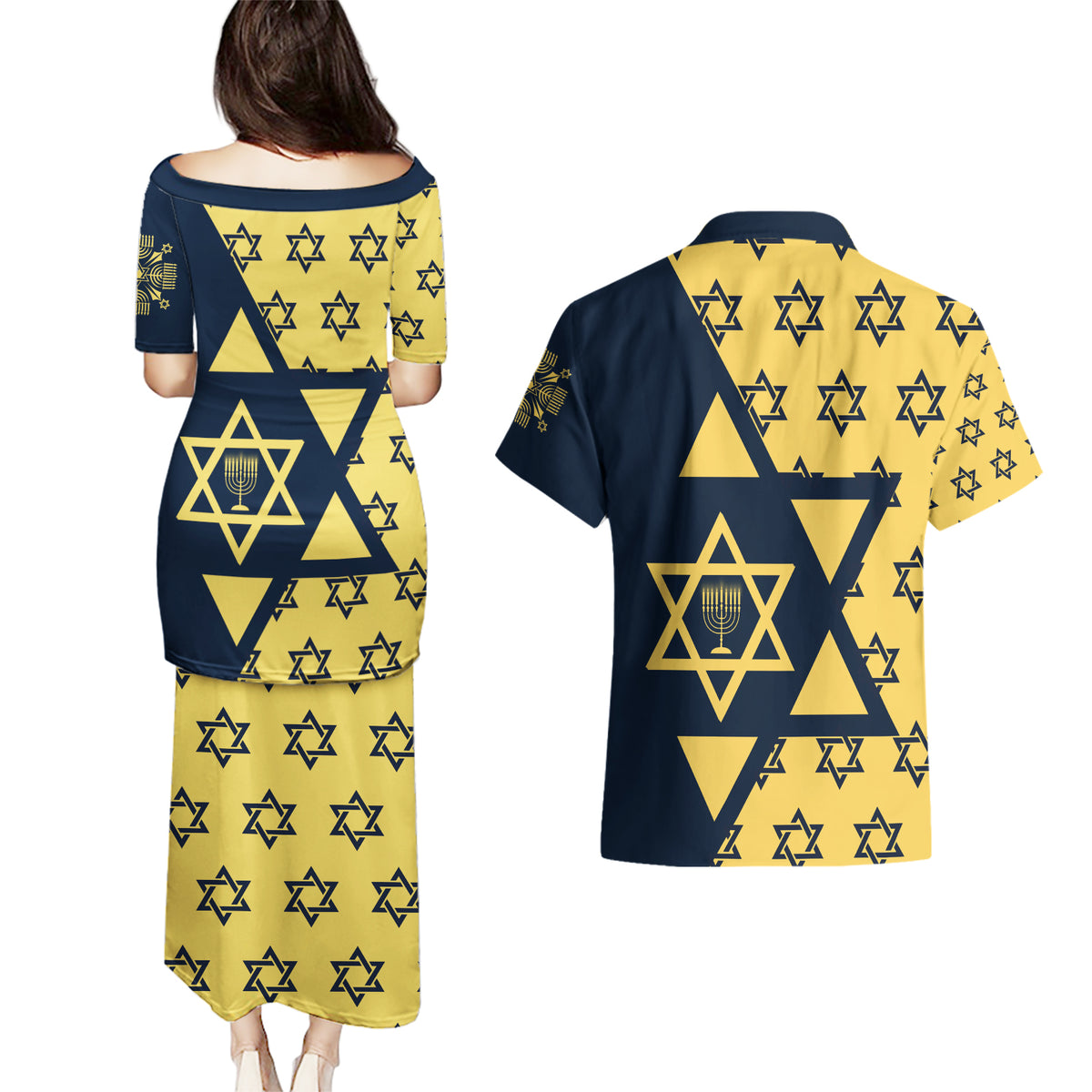 Happy Hanukkah Couples Matching Puletasi Dress and Hawaiian Shirt Jewish Star of David - Wonder Print Shop