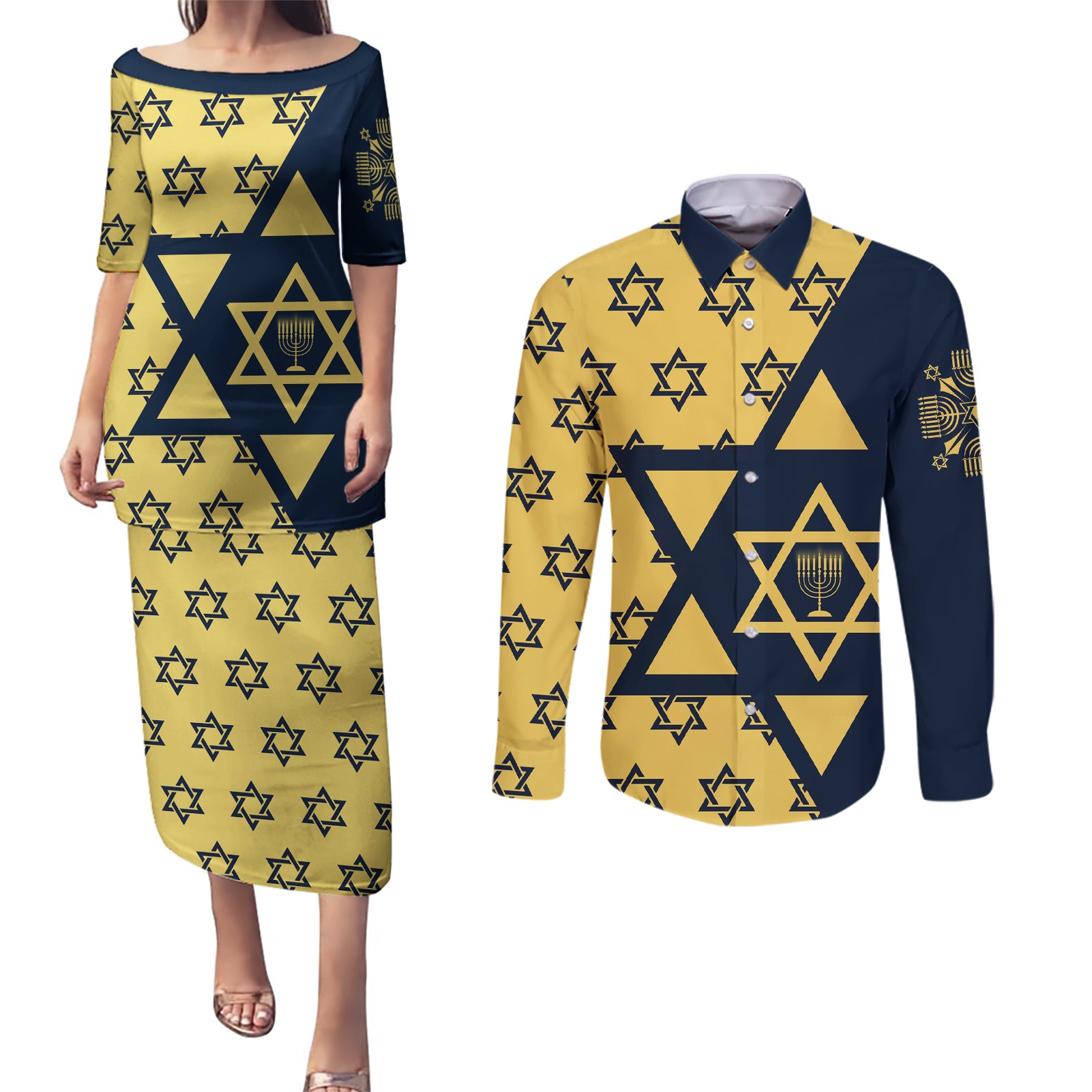 Happy Hanukkah Couples Matching Puletasi Dress and Long Sleeve Button Shirt Jewish Star of David - Wonder Print Shop