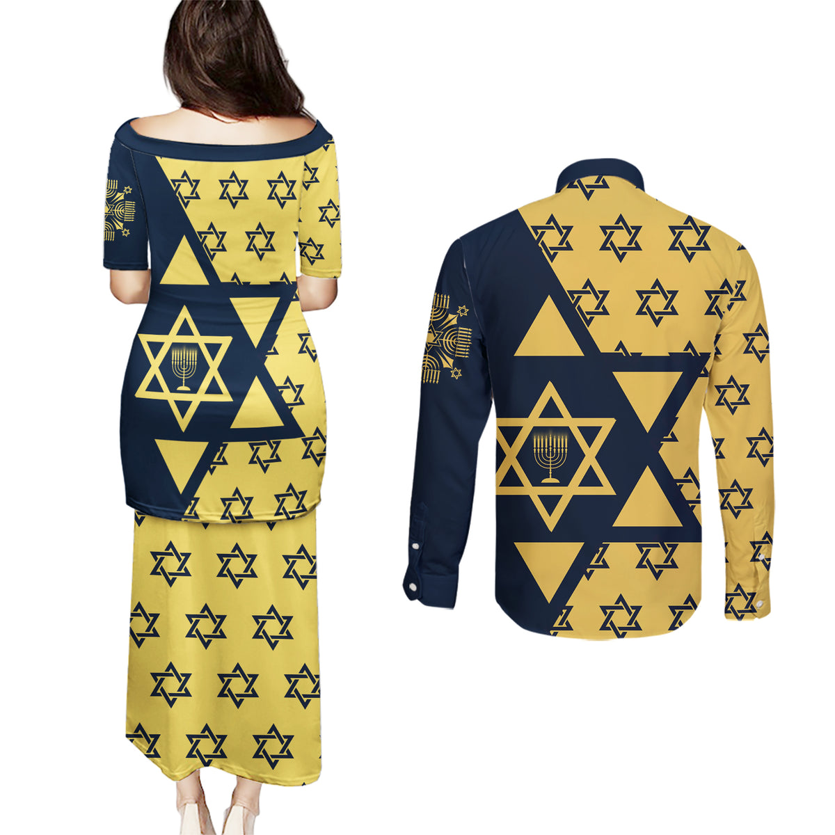 Happy Hanukkah Couples Matching Puletasi Dress and Long Sleeve Button Shirt Jewish Star of David - Wonder Print Shop