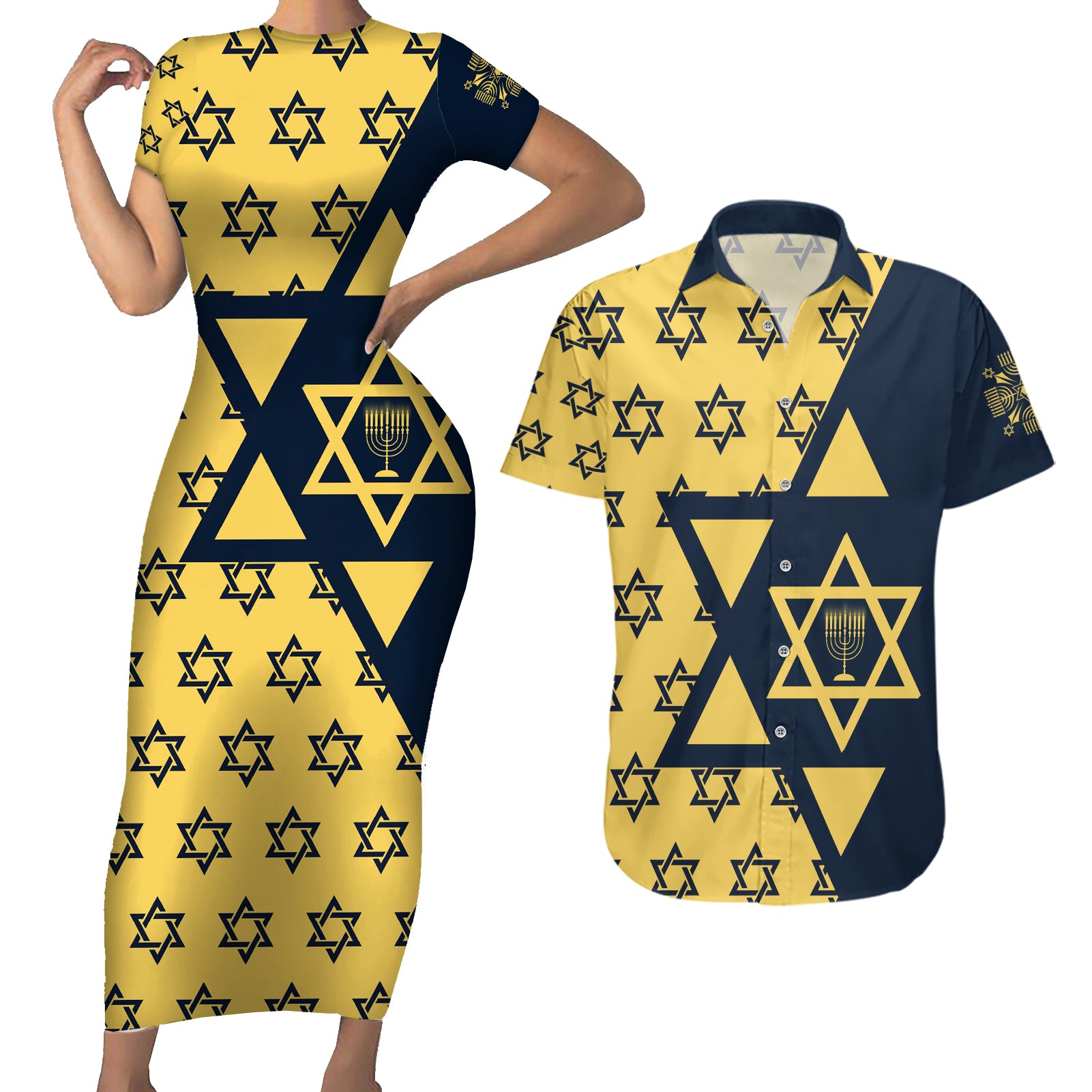 Happy Hanukkah Couples Matching Short Sleeve Bodycon Dress and Hawaiian Shirt Jewish Star of David - Wonder Print Shop