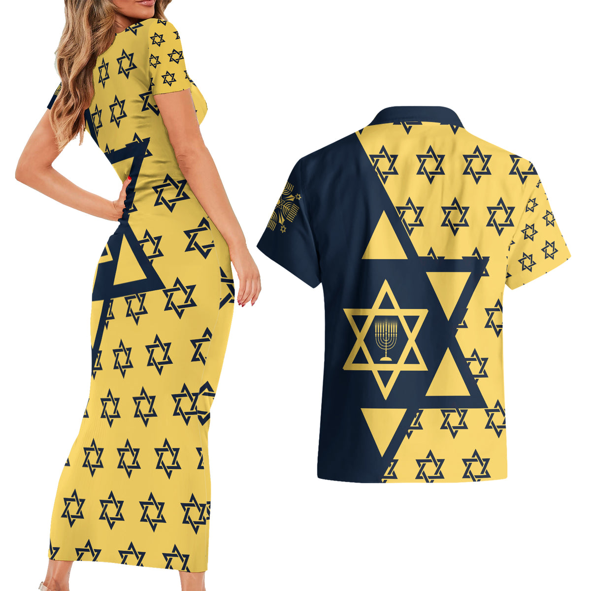 Happy Hanukkah Couples Matching Short Sleeve Bodycon Dress and Hawaiian Shirt Jewish Star of David - Wonder Print Shop