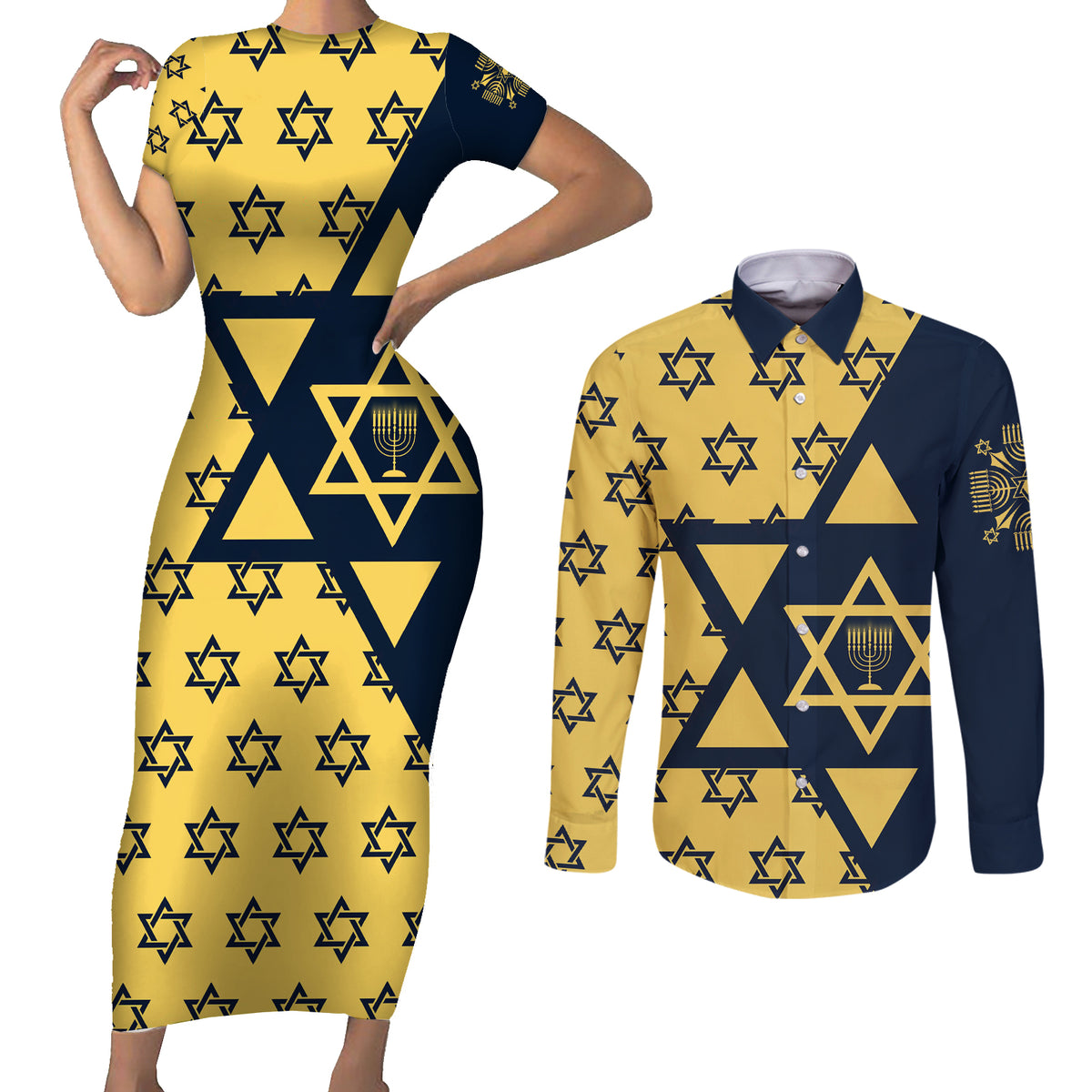 Happy Hanukkah Couples Matching Short Sleeve Bodycon Dress and Long Sleeve Button Shirt Jewish Star of David - Wonder Print Shop