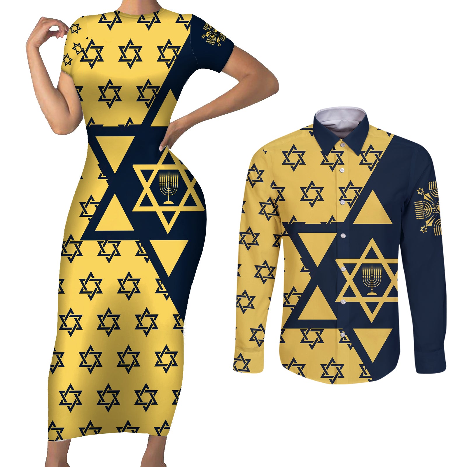 Happy Hanukkah Couples Matching Short Sleeve Bodycon Dress and Long Sleeve Button Shirt Jewish Star of David - Wonder Print Shop