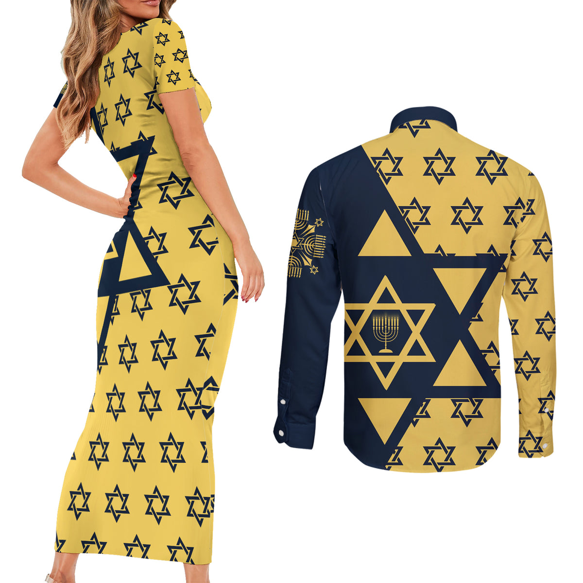 Happy Hanukkah Couples Matching Short Sleeve Bodycon Dress and Long Sleeve Button Shirt Jewish Star of David - Wonder Print Shop