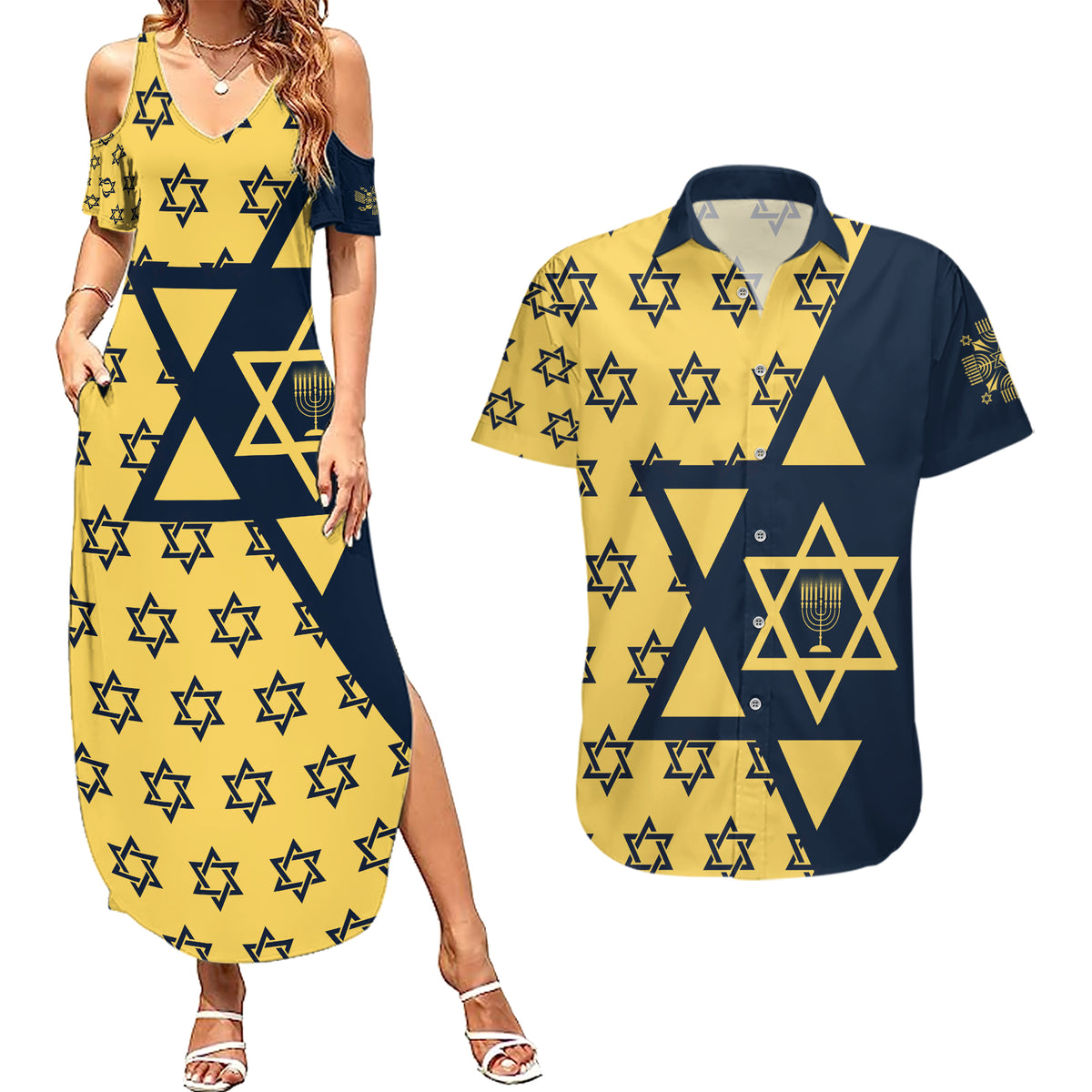 Happy Hanukkah Couples Matching Summer Maxi Dress and Hawaiian Shirt Jewish Star of David - Wonder Print Shop