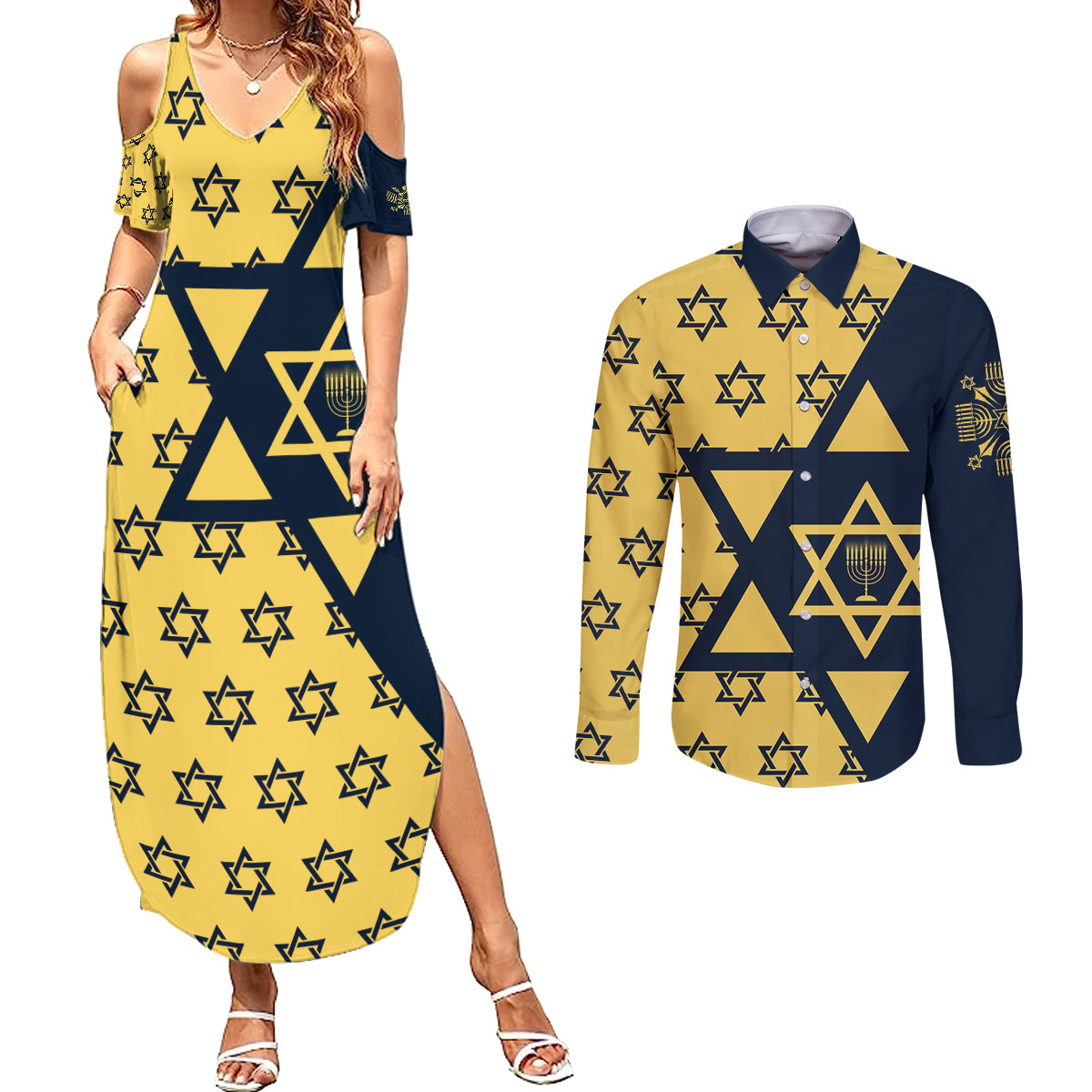 Happy Hanukkah Couples Matching Summer Maxi Dress and Long Sleeve Button Shirt Jewish Star of David - Wonder Print Shop