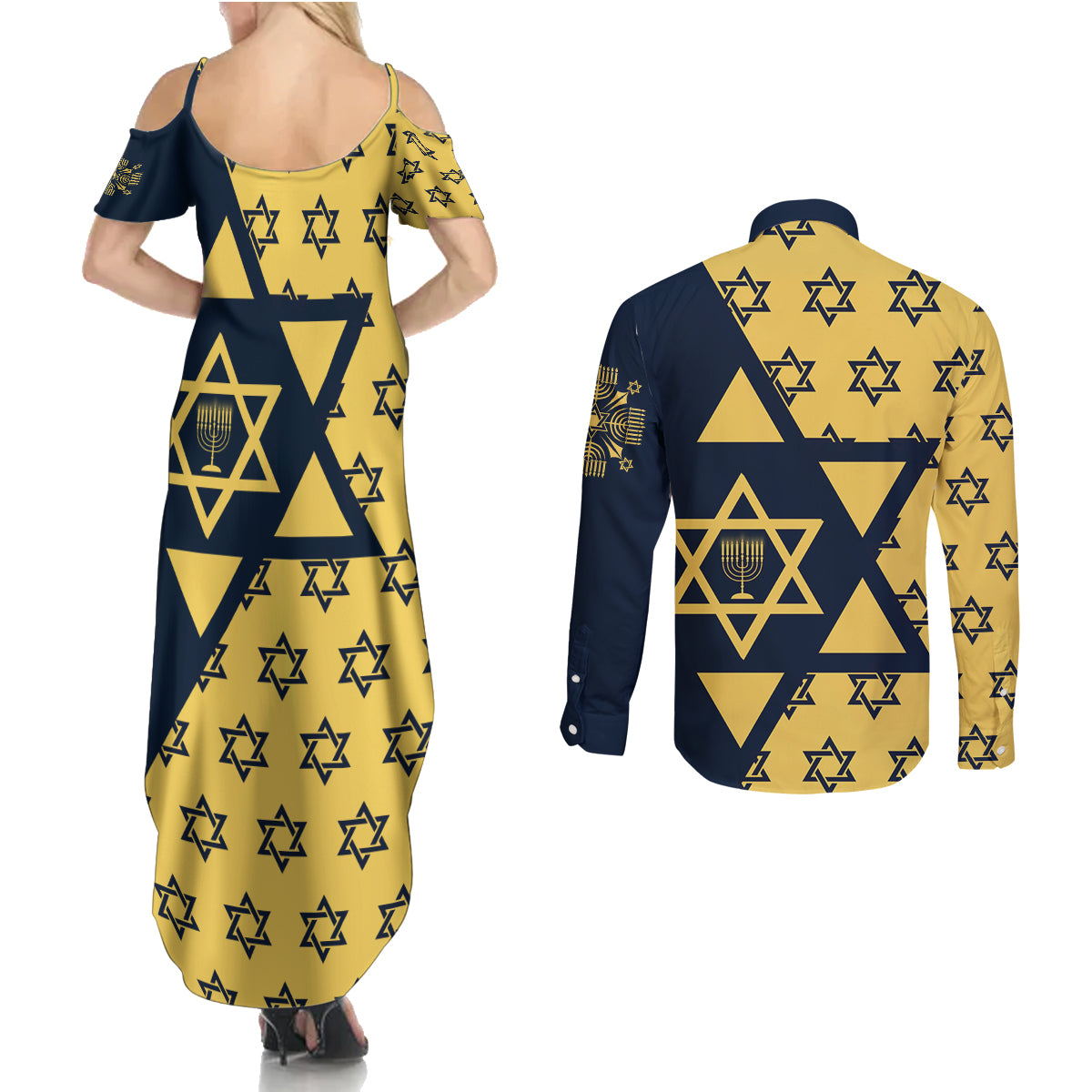 Happy Hanukkah Couples Matching Summer Maxi Dress and Long Sleeve Button Shirt Jewish Star of David - Wonder Print Shop