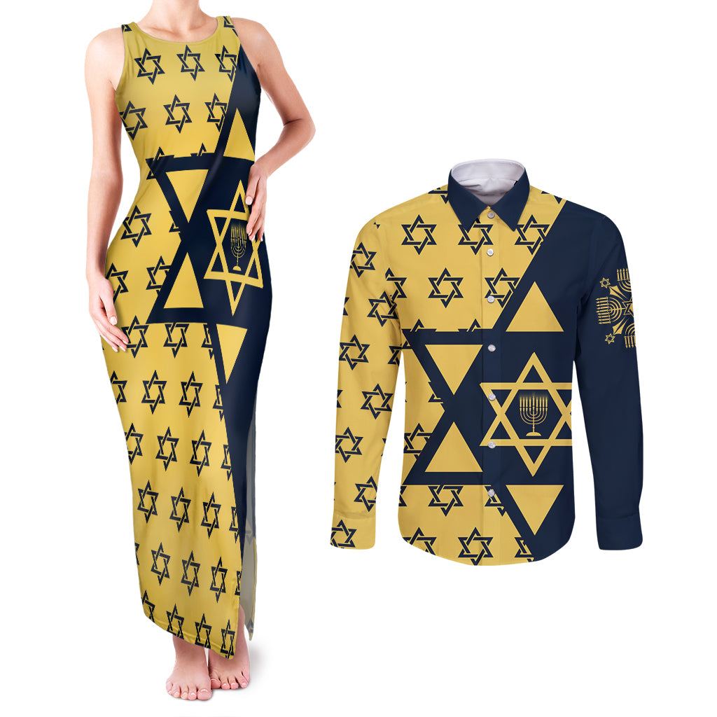 Happy Hanukkah Couples Matching Tank Maxi Dress and Long Sleeve Button Shirt Jewish Star of David - Wonder Print Shop