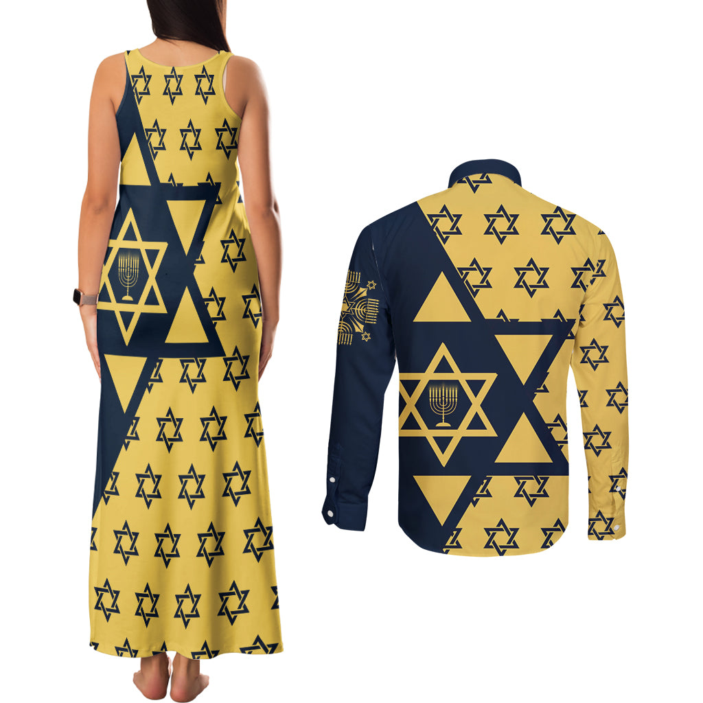 Happy Hanukkah Couples Matching Tank Maxi Dress and Long Sleeve Button Shirt Jewish Star of David - Wonder Print Shop