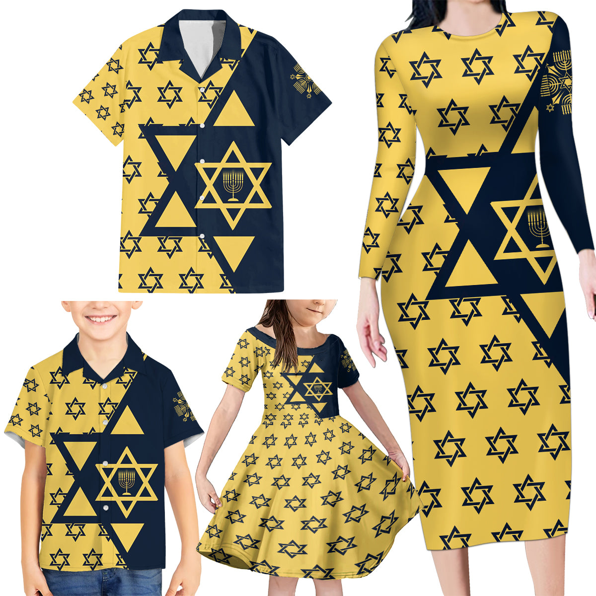 Happy Hanukkah Family Matching Long Sleeve Bodycon Dress and Hawaiian Shirt Jewish Star of David - Wonder Print Shop