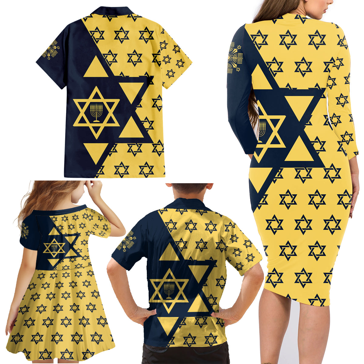 Happy Hanukkah Family Matching Long Sleeve Bodycon Dress and Hawaiian Shirt Jewish Star of David - Wonder Print Shop