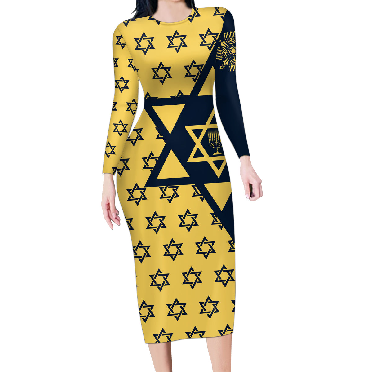 Happy Hanukkah Family Matching Long Sleeve Bodycon Dress and Hawaiian Shirt Jewish Star of David - Wonder Print Shop