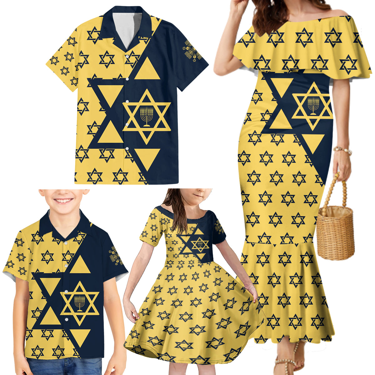 Happy Hanukkah Family Matching Mermaid Dress and Hawaiian Shirt Jewish Star of David - Wonder Print Shop