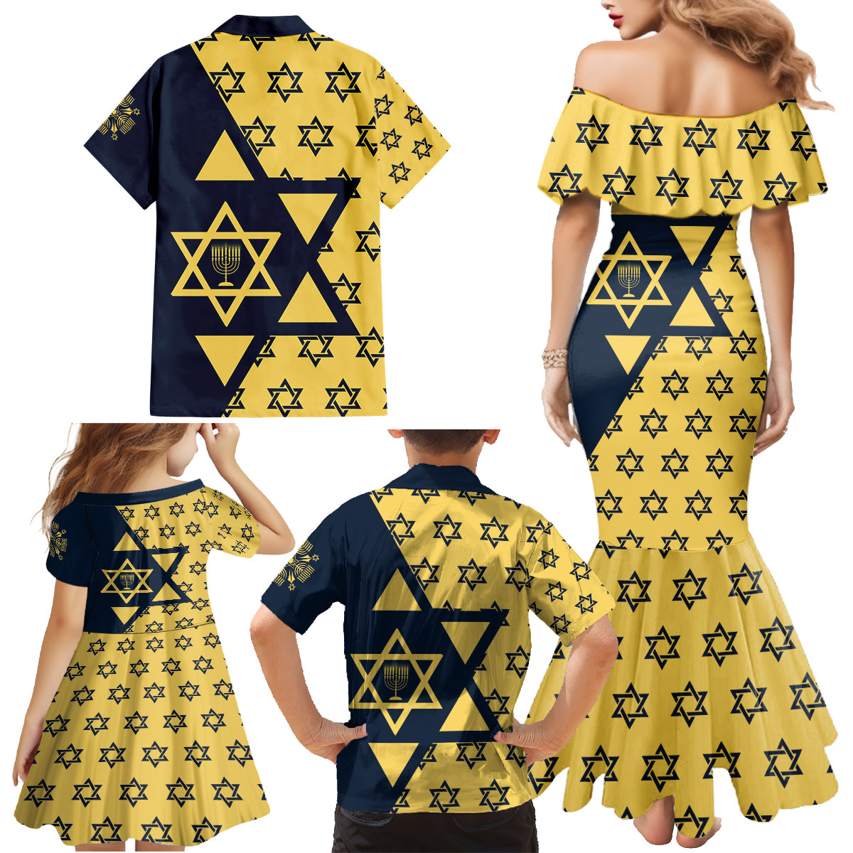 Happy Hanukkah Family Matching Mermaid Dress and Hawaiian Shirt Jewish Star of David - Wonder Print Shop
