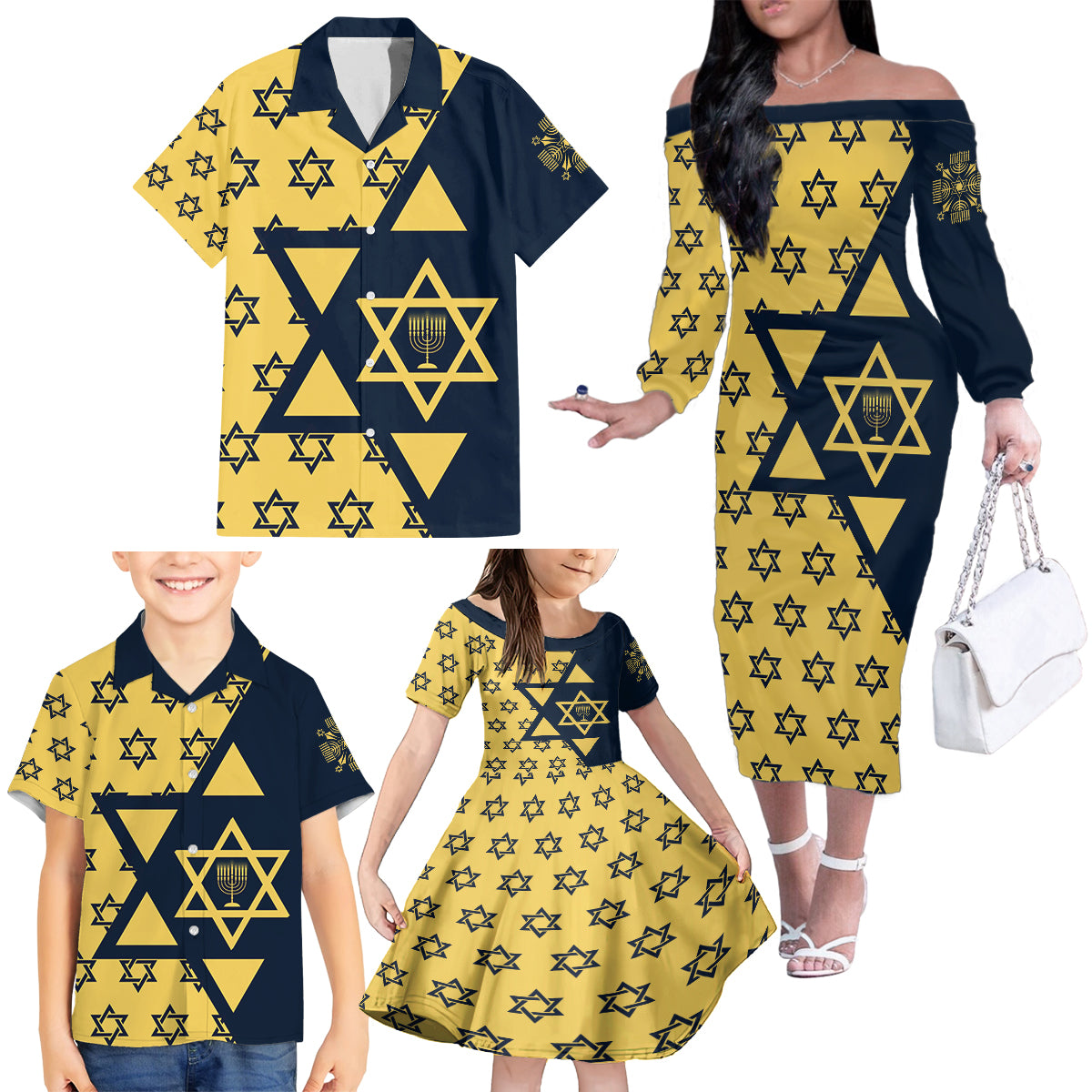 Happy Hanukkah Family Matching Off Shoulder Long Sleeve Dress and Hawaiian Shirt Jewish Star of David - Wonder Print Shop