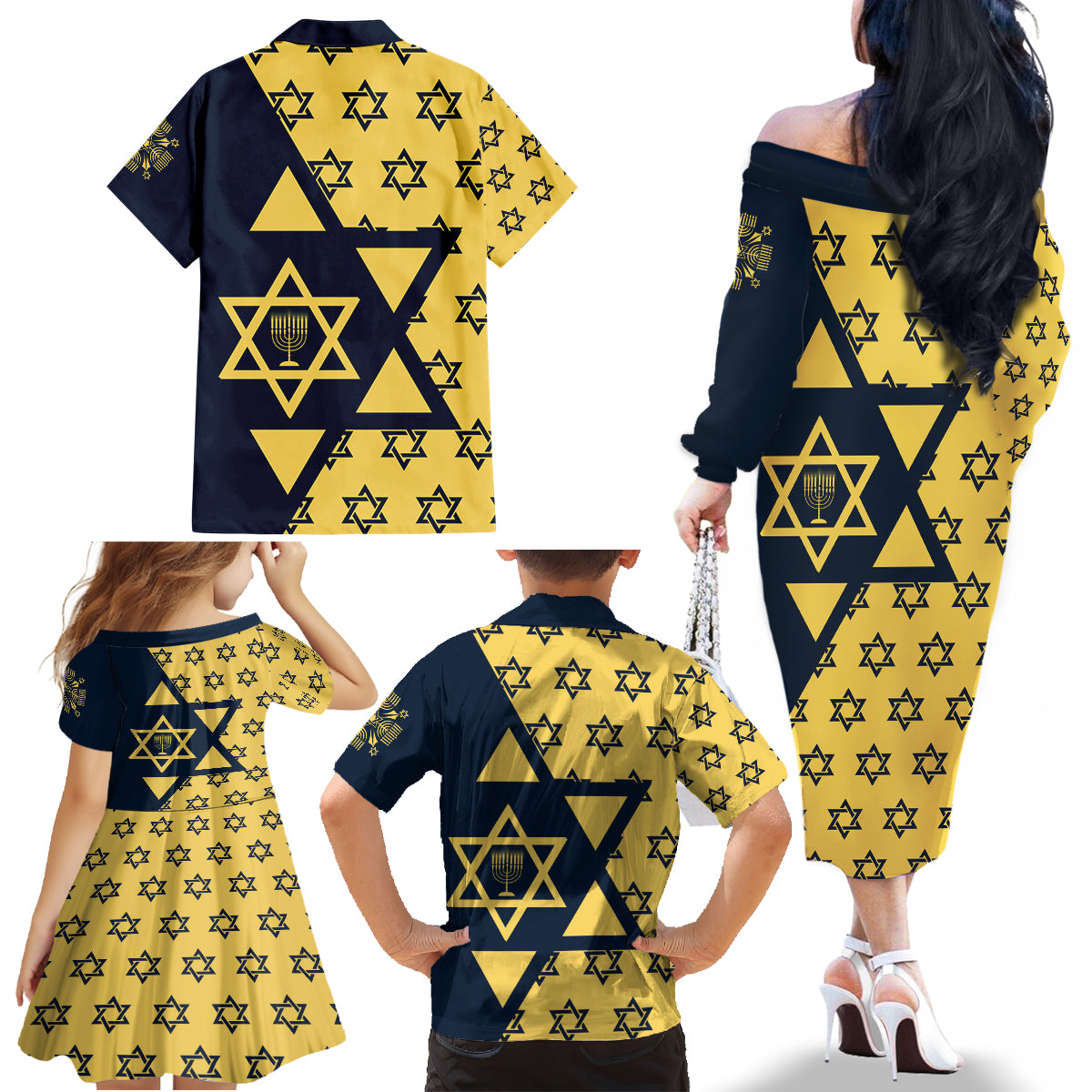 Happy Hanukkah Family Matching Off Shoulder Long Sleeve Dress and Hawaiian Shirt Jewish Star of David - Wonder Print Shop