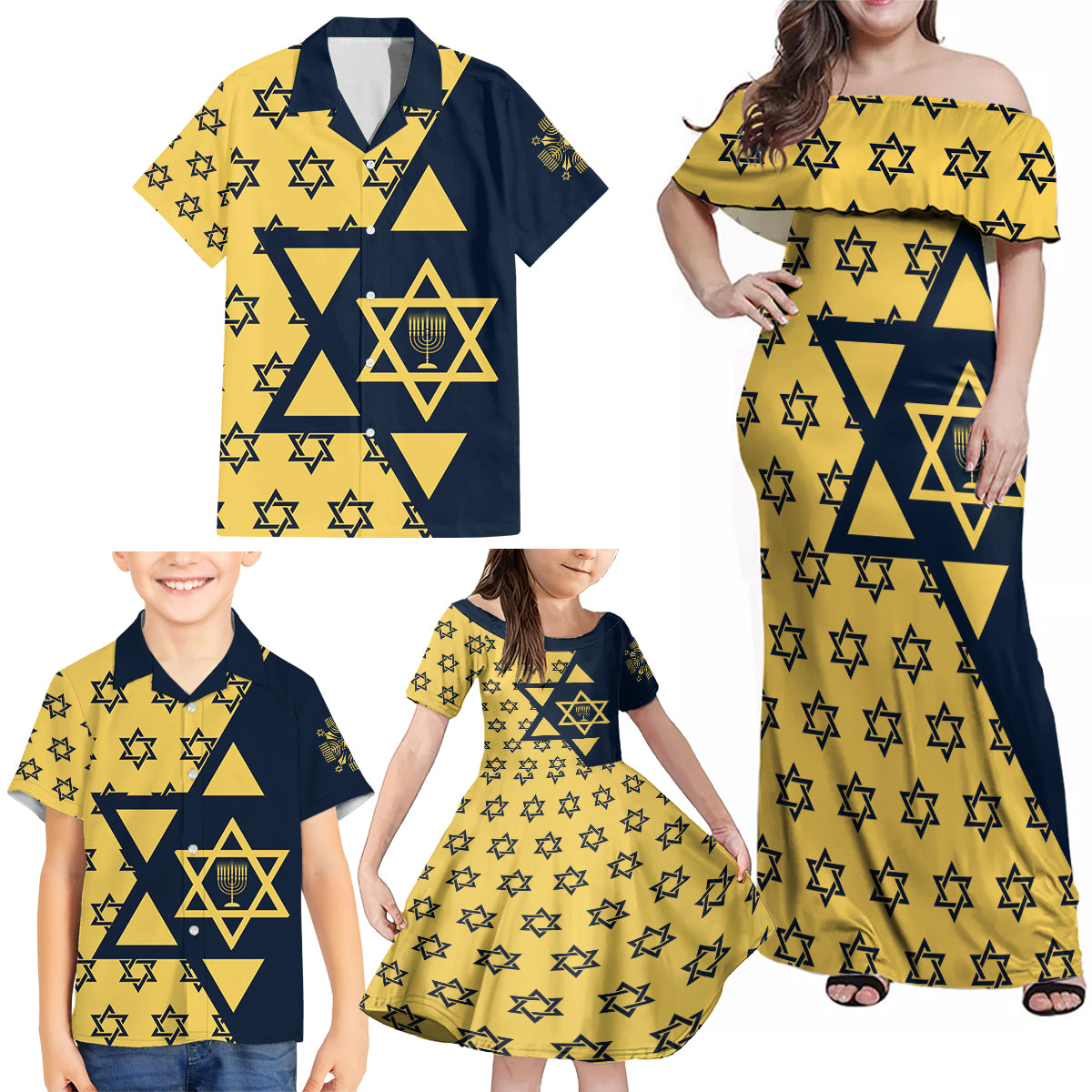 Happy Hanukkah Family Matching Off Shoulder Maxi Dress and Hawaiian Shirt Jewish Star of David - Wonder Print Shop