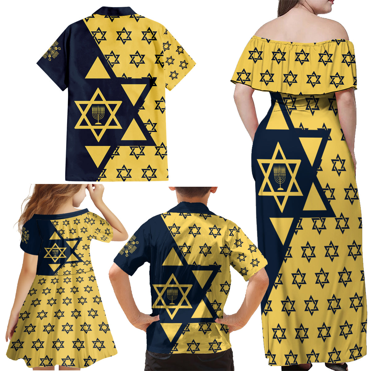 Happy Hanukkah Family Matching Off Shoulder Maxi Dress and Hawaiian Shirt Jewish Star of David - Wonder Print Shop