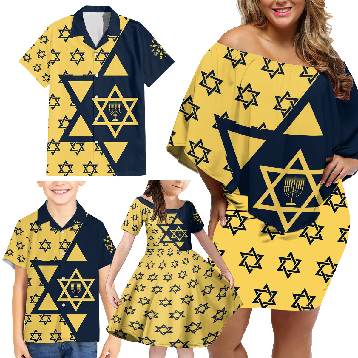 Happy Hanukkah Family Matching Off Shoulder Short Dress and Hawaiian Shirt Jewish Star of David - Wonder Print Shop