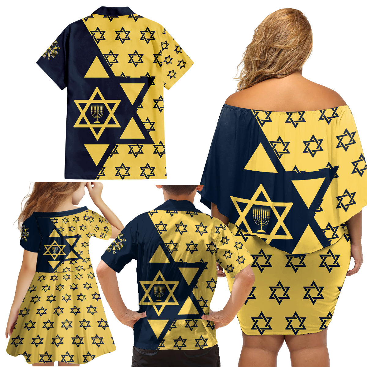 Happy Hanukkah Family Matching Off Shoulder Short Dress and Hawaiian Shirt Jewish Star of David - Wonder Print Shop