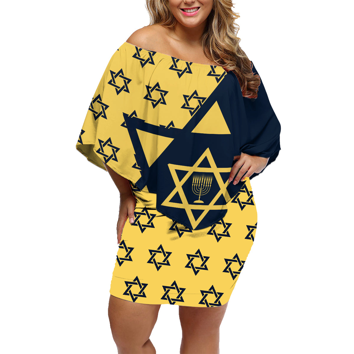 Happy Hanukkah Family Matching Off Shoulder Short Dress and Hawaiian Shirt Jewish Star of David - Wonder Print Shop