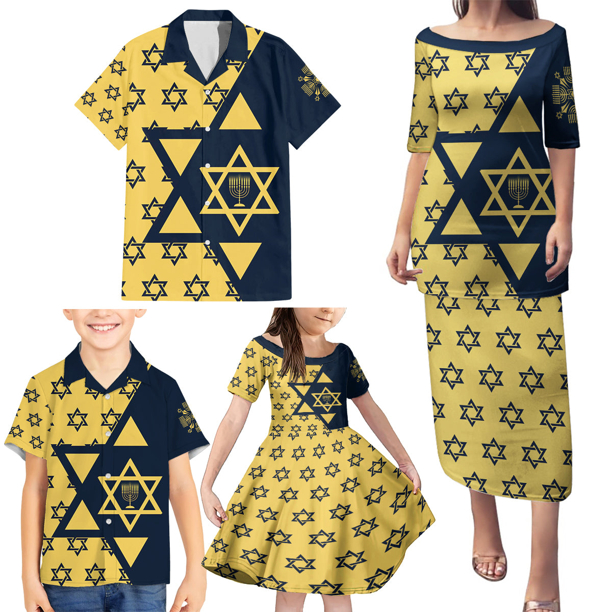 Happy Hanukkah Family Matching Puletasi Dress and Hawaiian Shirt Jewish Star of David - Wonder Print Shop