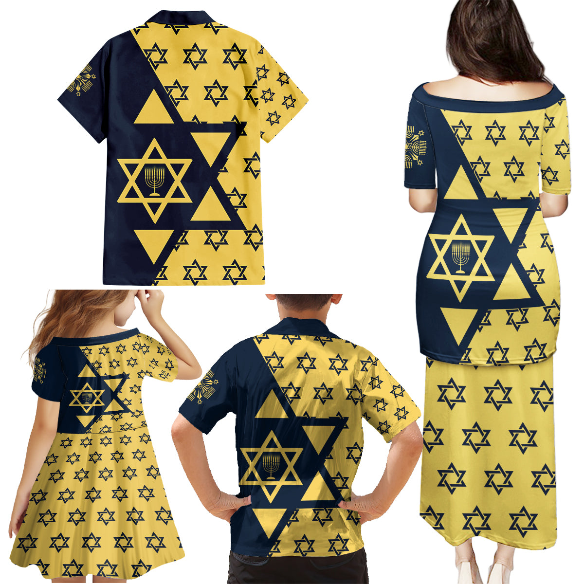Happy Hanukkah Family Matching Puletasi Dress and Hawaiian Shirt Jewish Star of David - Wonder Print Shop