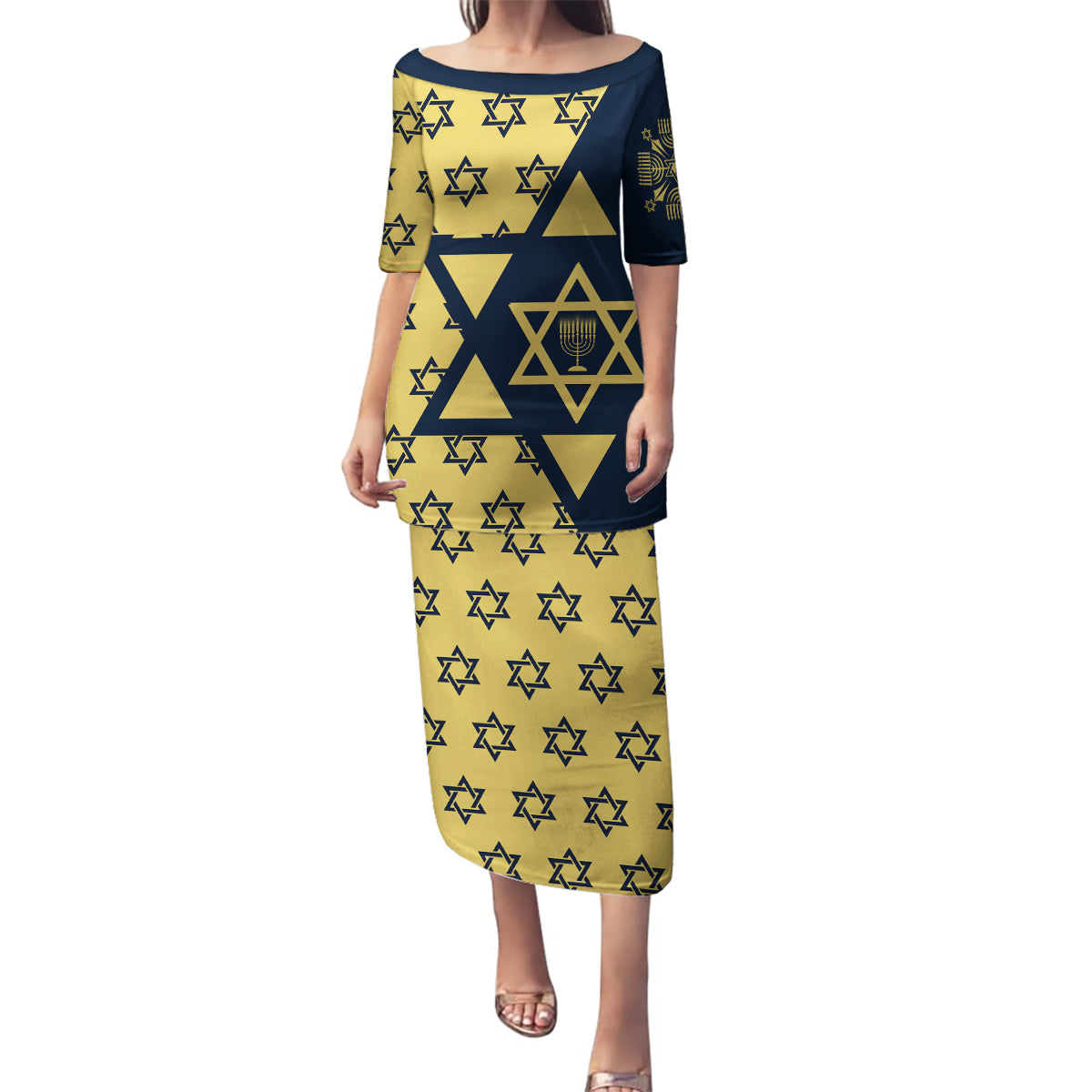 Happy Hanukkah Family Matching Puletasi Dress and Hawaiian Shirt Jewish Star of David - Wonder Print Shop