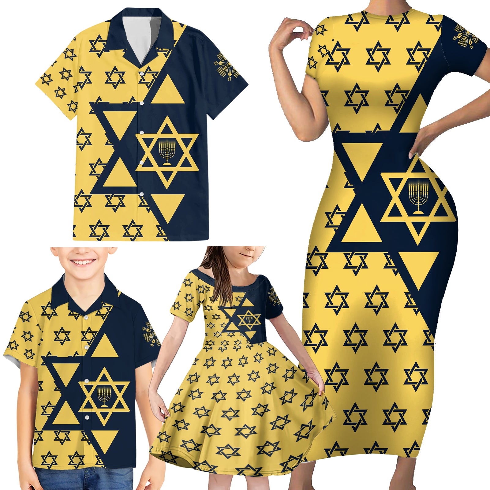 Happy Hanukkah Family Matching Short Sleeve Bodycon Dress and Hawaiian Shirt Jewish Star of David - Wonder Print Shop