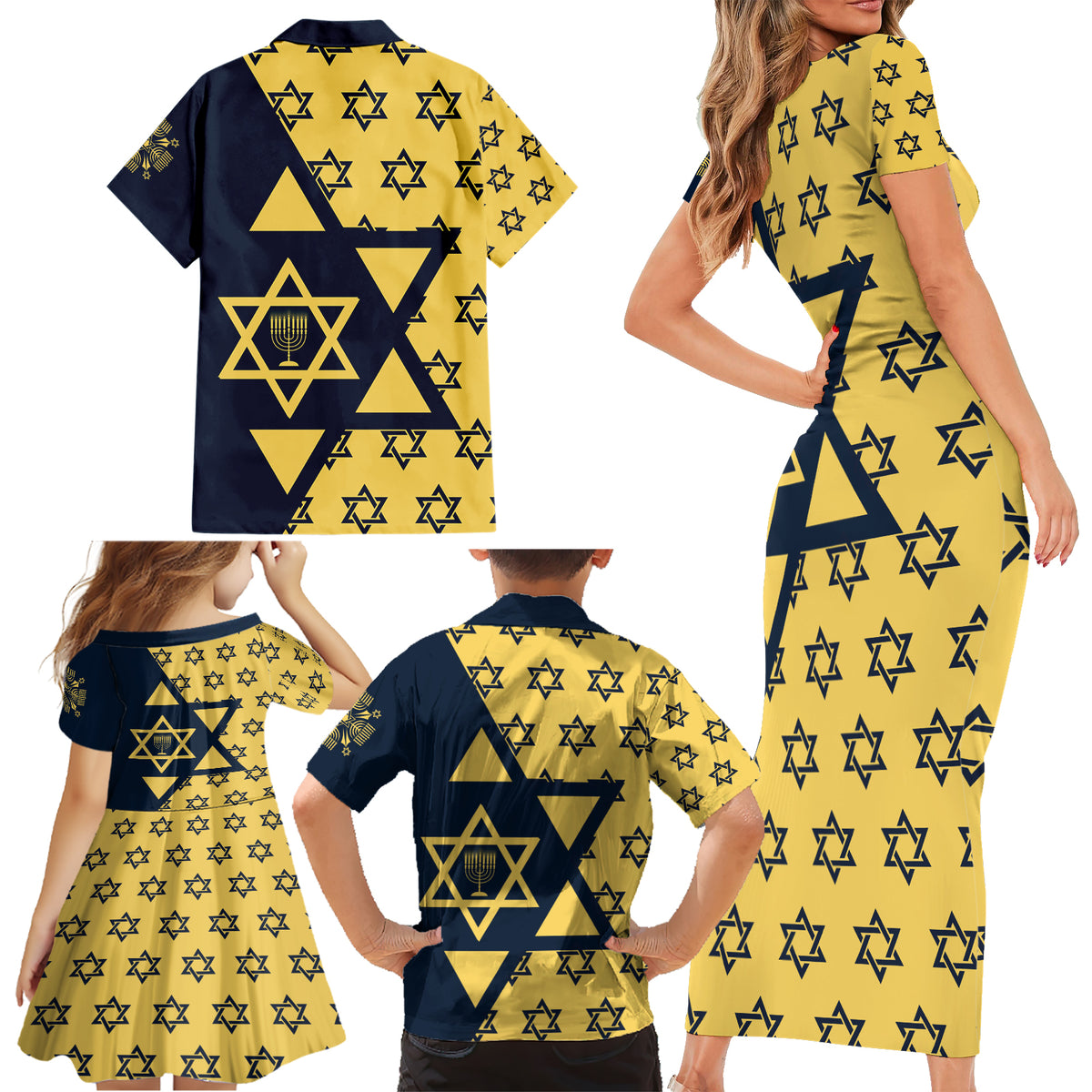 Happy Hanukkah Family Matching Short Sleeve Bodycon Dress and Hawaiian Shirt Jewish Star of David - Wonder Print Shop