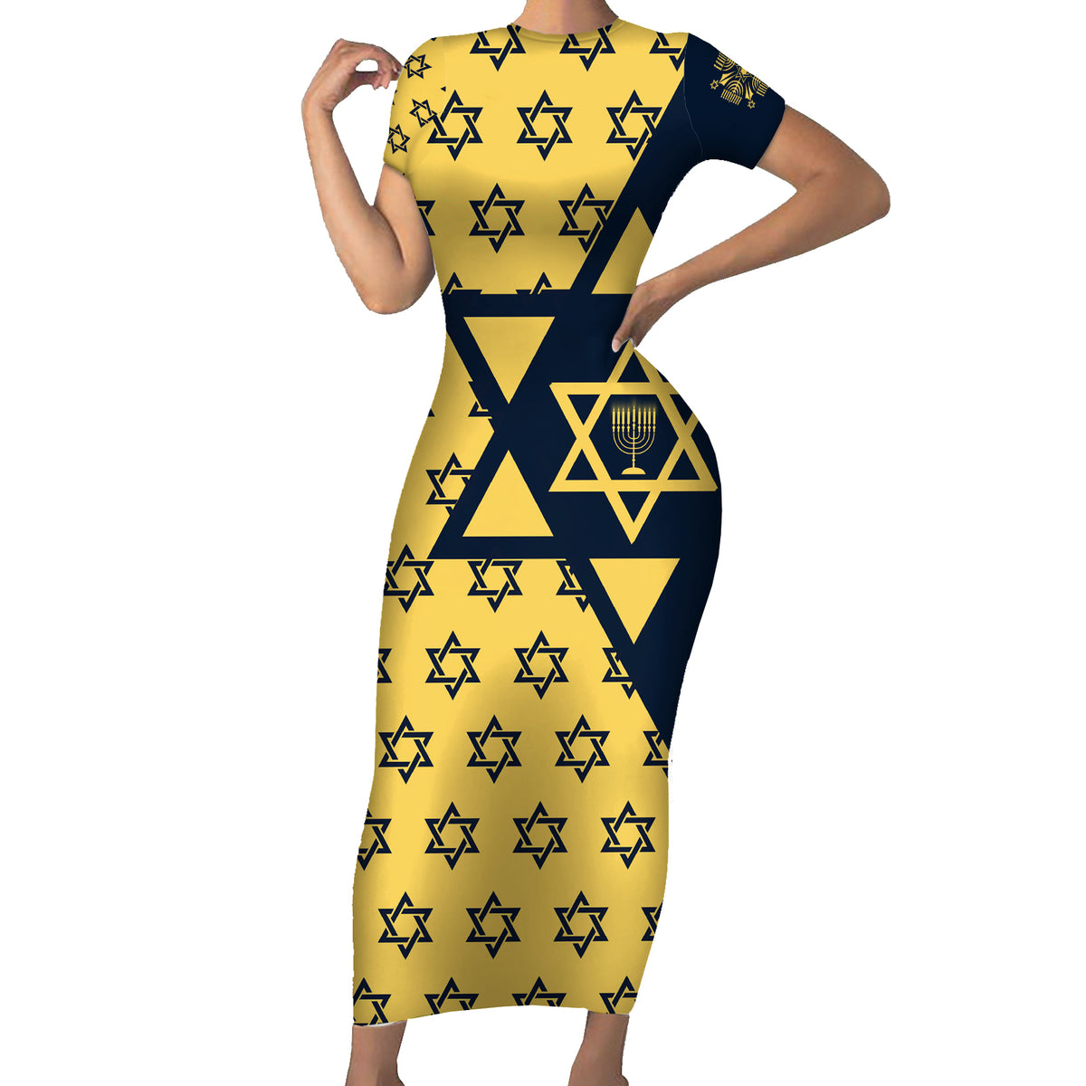 Happy Hanukkah Family Matching Short Sleeve Bodycon Dress and Hawaiian Shirt Jewish Star of David - Wonder Print Shop