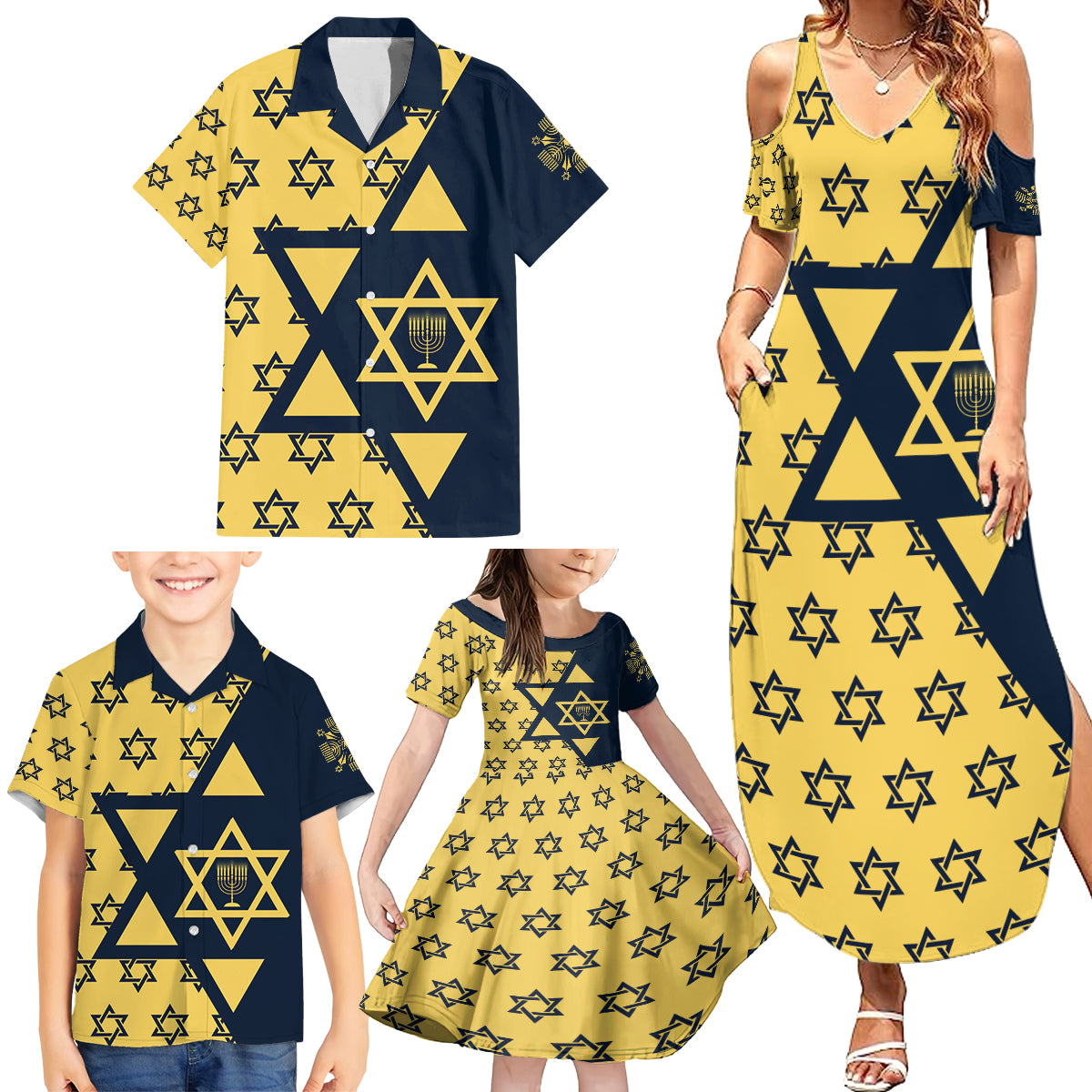 Happy Hanukkah Family Matching Summer Maxi Dress and Hawaiian Shirt Jewish Star of David - Wonder Print Shop
