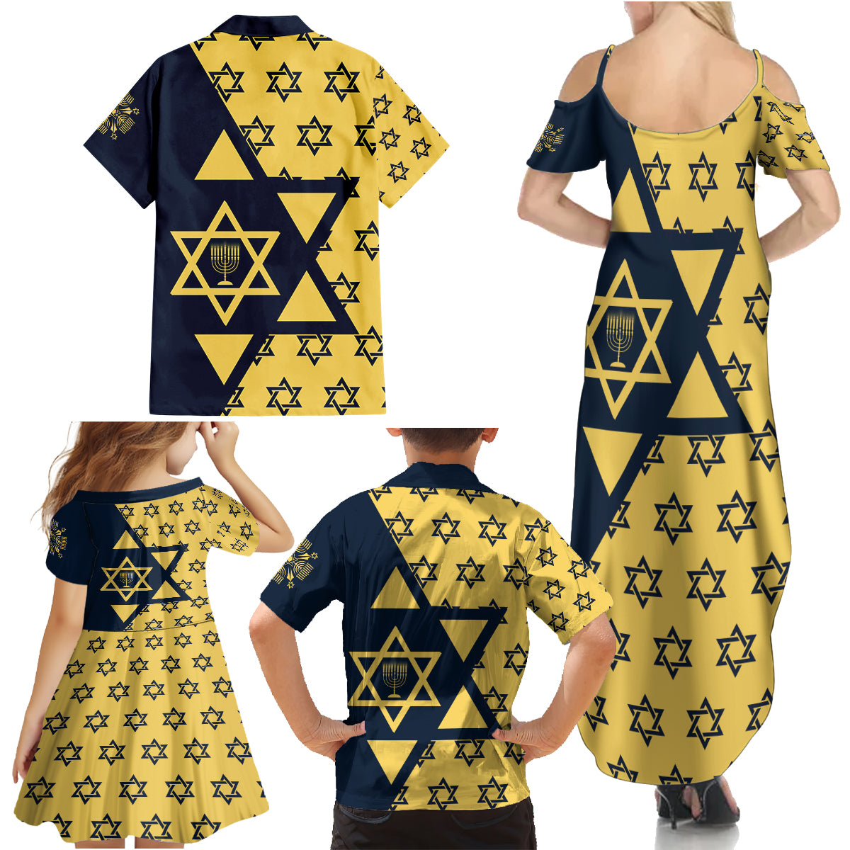 Happy Hanukkah Family Matching Summer Maxi Dress and Hawaiian Shirt Jewish Star of David - Wonder Print Shop