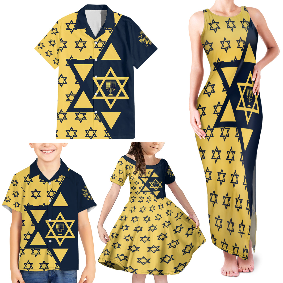 Happy Hanukkah Family Matching Tank Maxi Dress and Hawaiian Shirt Jewish Star of David - Wonder Print Shop