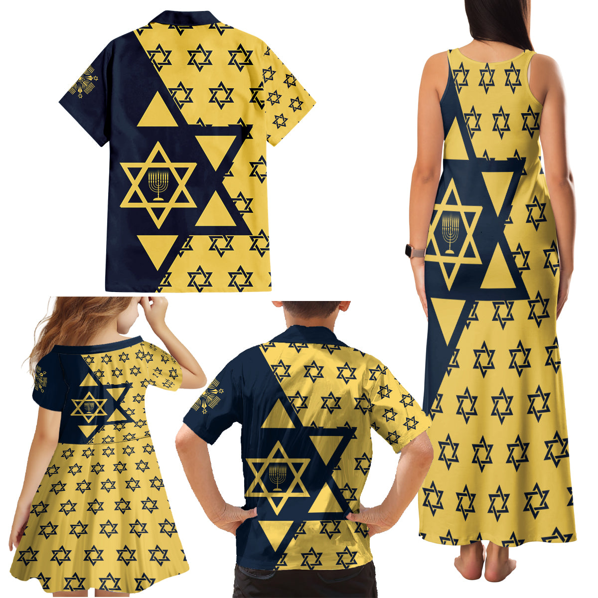 Happy Hanukkah Family Matching Tank Maxi Dress and Hawaiian Shirt Jewish Star of David - Wonder Print Shop
