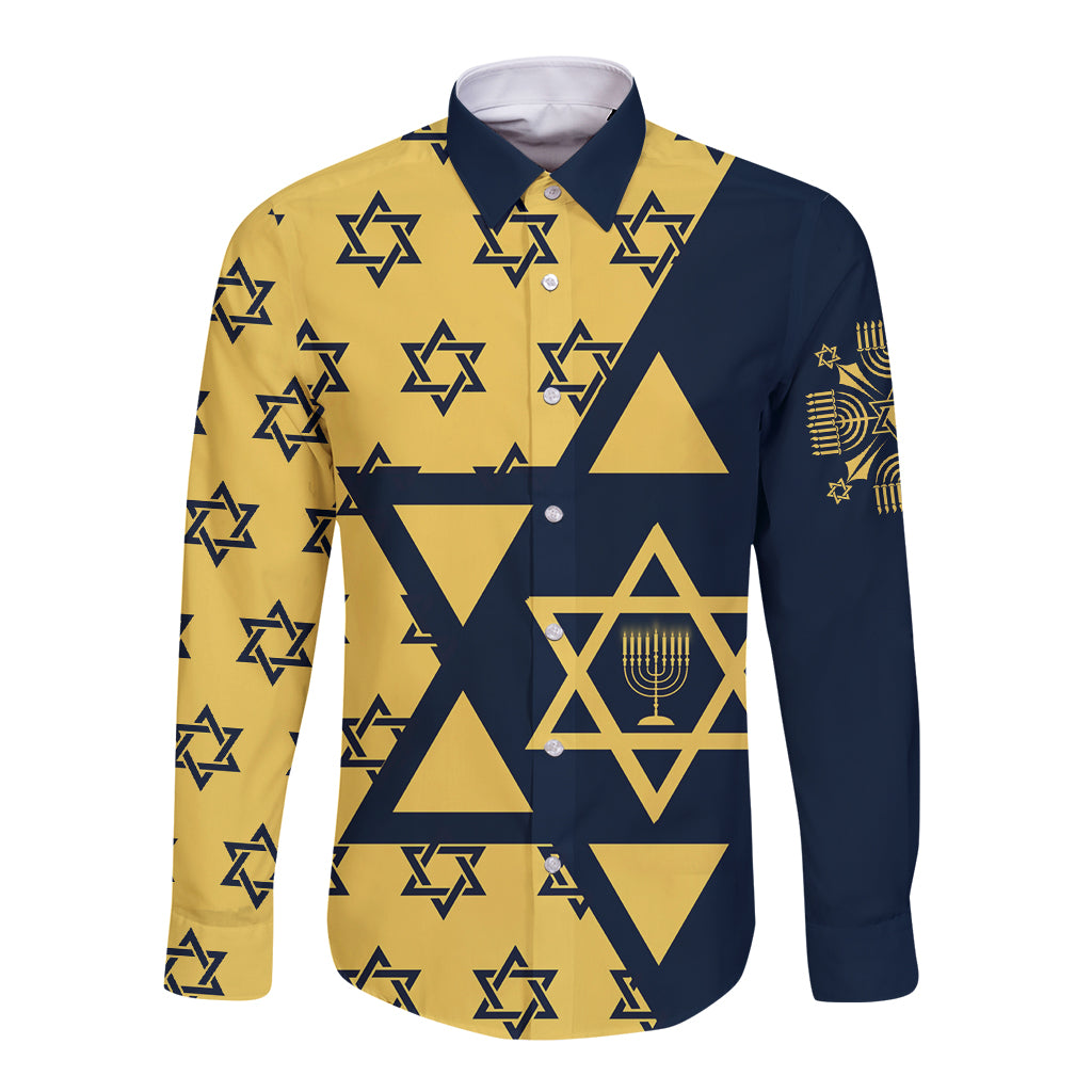 Happy Hanukkah Long Sleeve Button Shirt Jewish Star of David - Wonder Print Shop