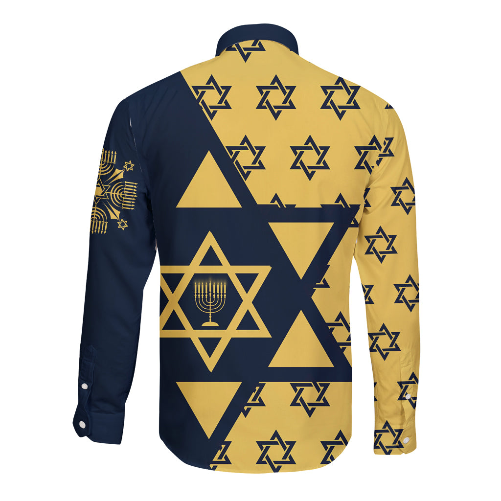 Happy Hanukkah Long Sleeve Button Shirt Jewish Star of David - Wonder Print Shop