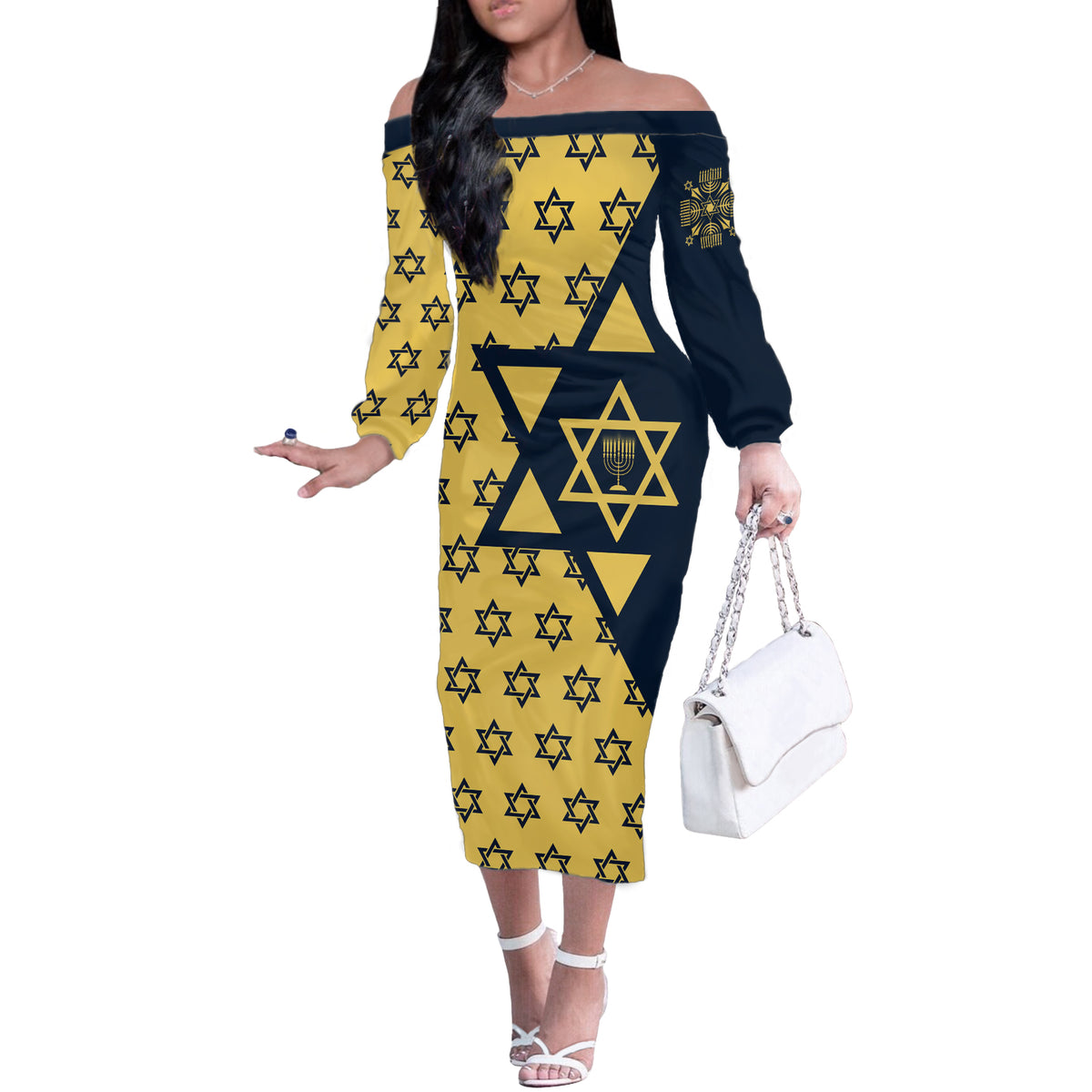Happy Hanukkah Off The Shoulder Long Sleeve Dress Jewish Star of David - Wonder Print Shop