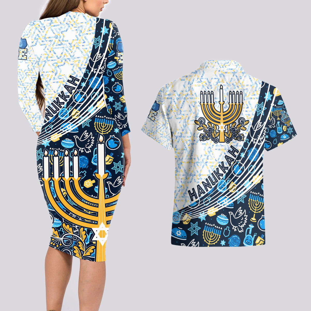 Happy Hanukkah Couples Matching Long Sleeve Bodycon Dress and Hawaiian Shirt Menorah and Dreidel - Wonder Print Shop